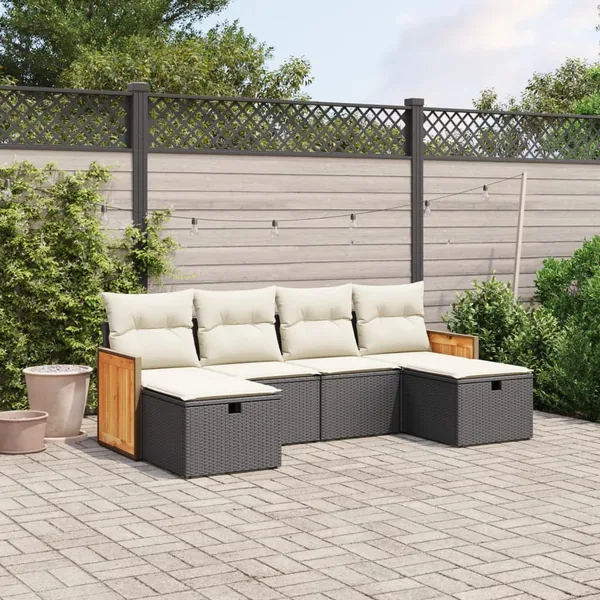 Salon de jardin 6 pcs avec coussins noir résine tressée