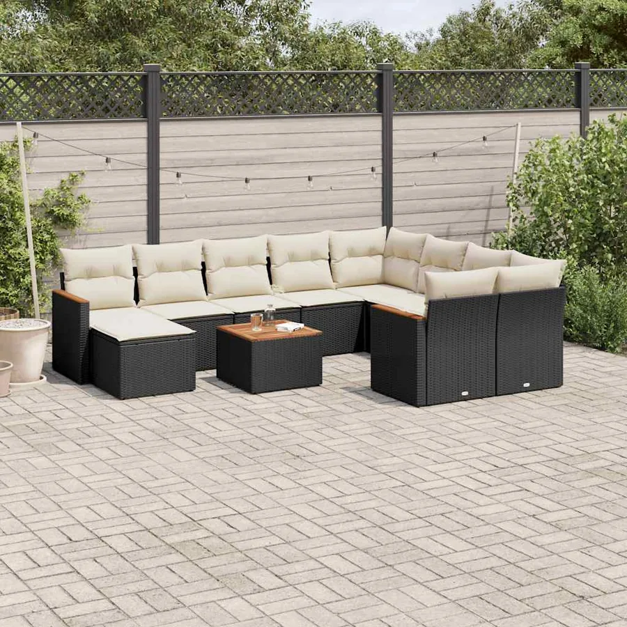 Salon de jardin 11 pcs avec coussins noir résine tressée