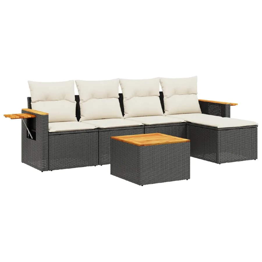 Salon de jardin 6 pcs avec coussins noir résine tressée - 2