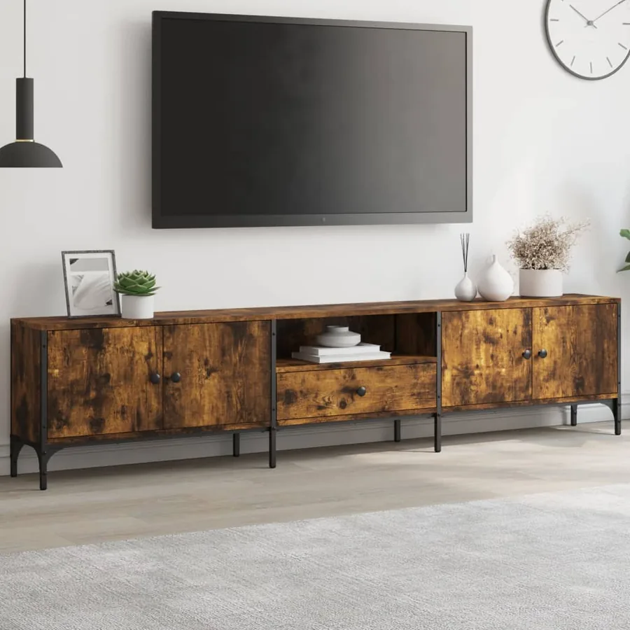 Meuble TV à tiroir chêne fumé 200x25x44 cm bois d'ingénierie