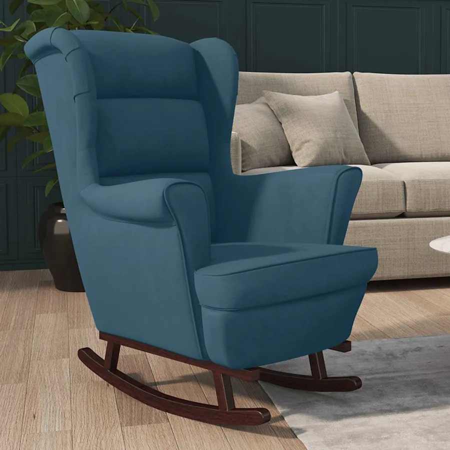 Fauteuil à bascule à oreilles en velours bleu bois massif - 3