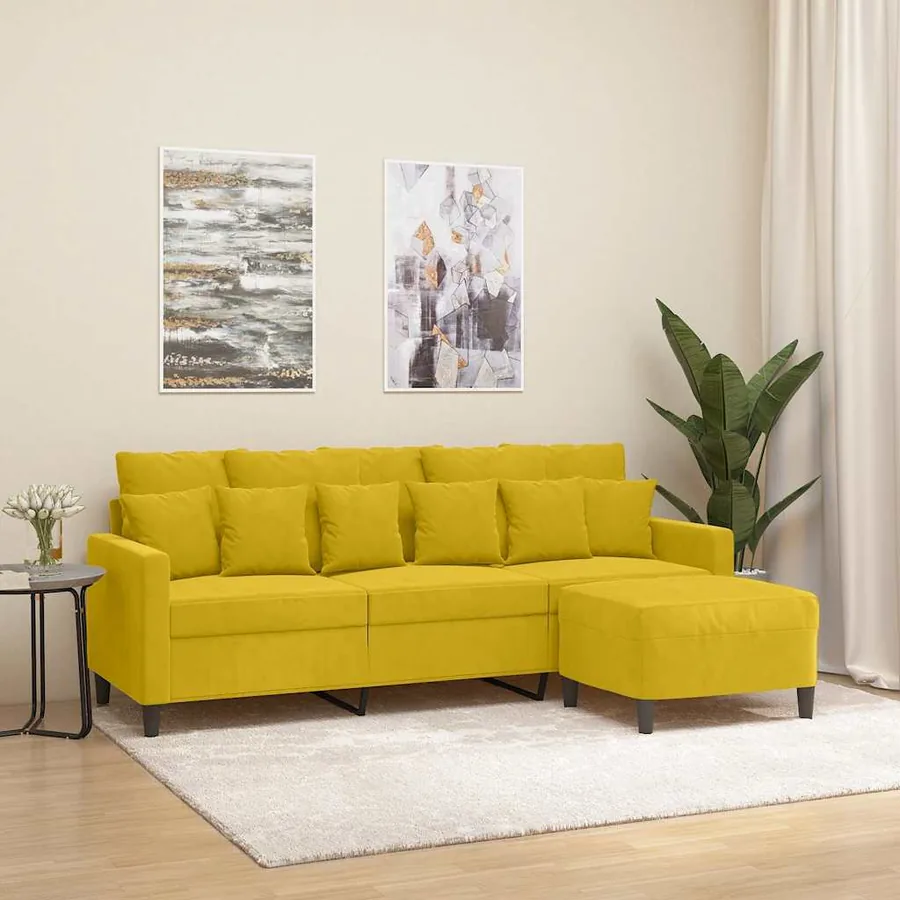 Canapé à 3 places avec repose-pieds jaune 180 cm velours