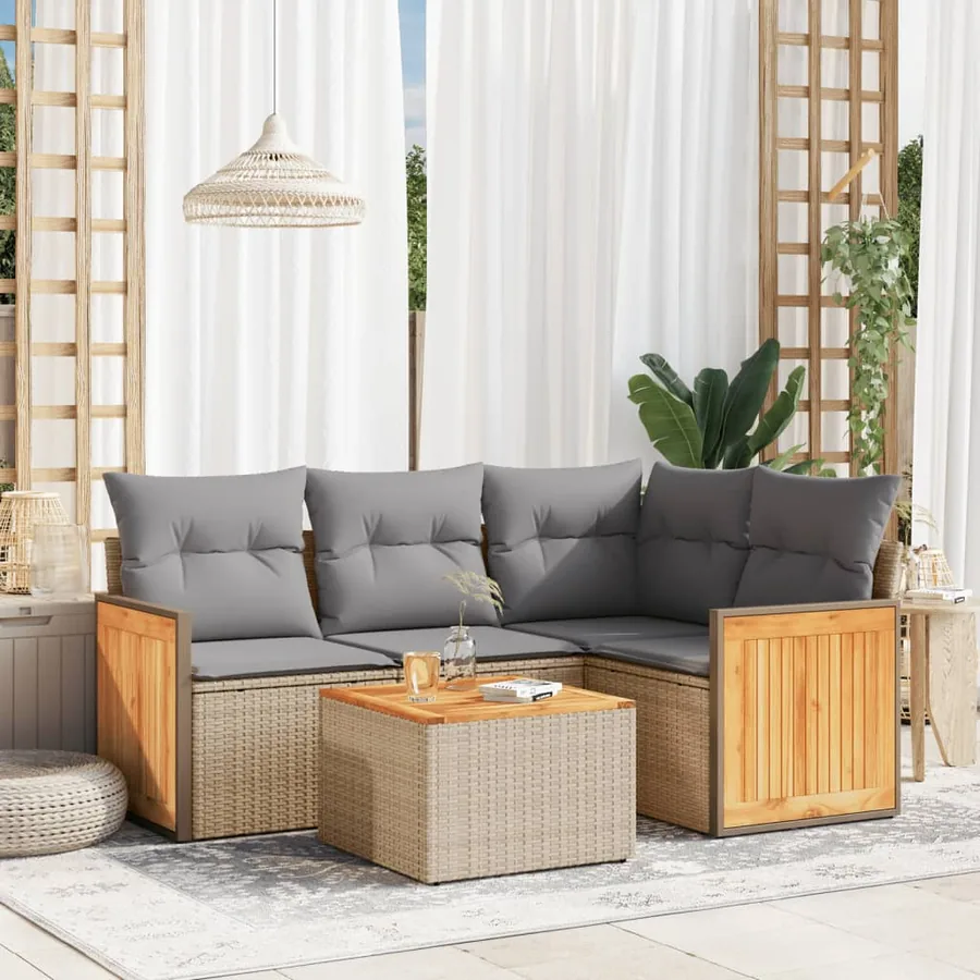 Salon de jardin avec coussins 5 pcs beige résine tressée