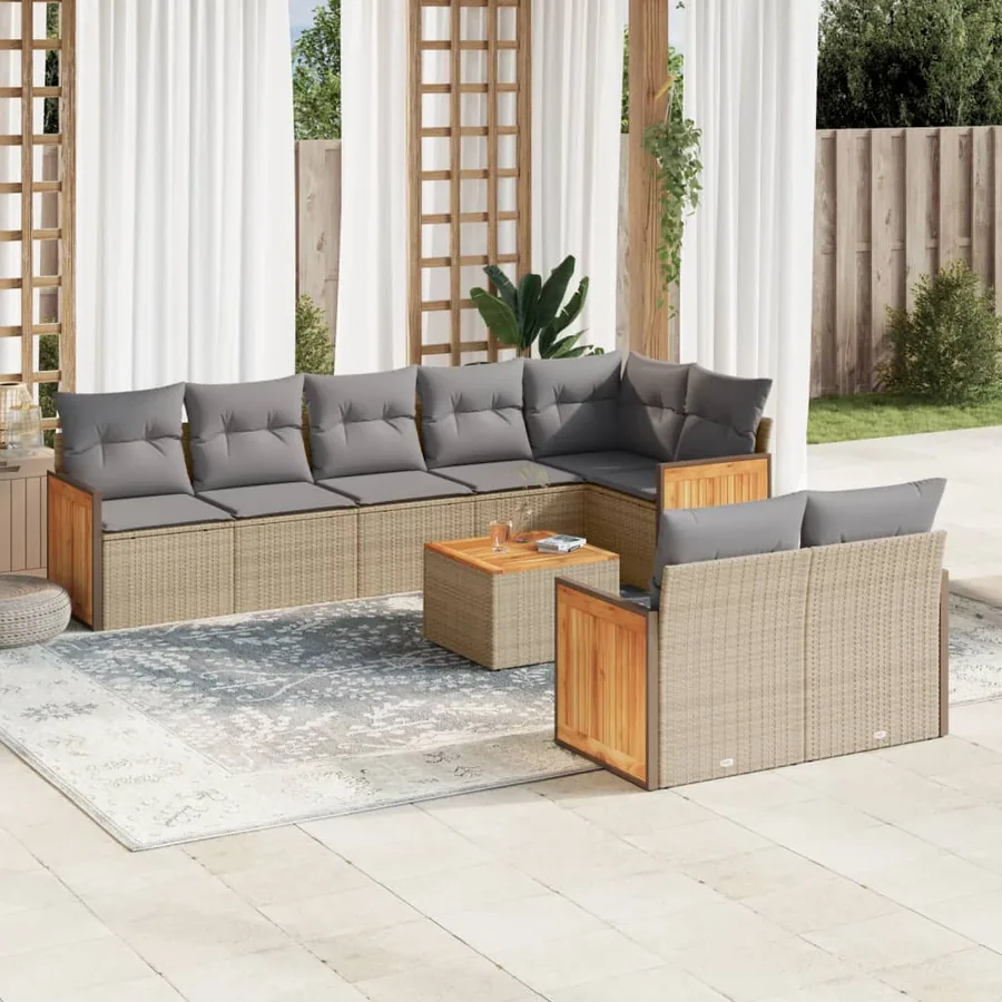 Salon de jardin avec coussins 9 pcs beige résine tressée