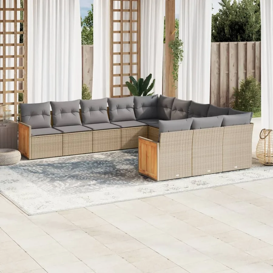 Salon de jardin 11 pcs avec coussins beige résine tressée