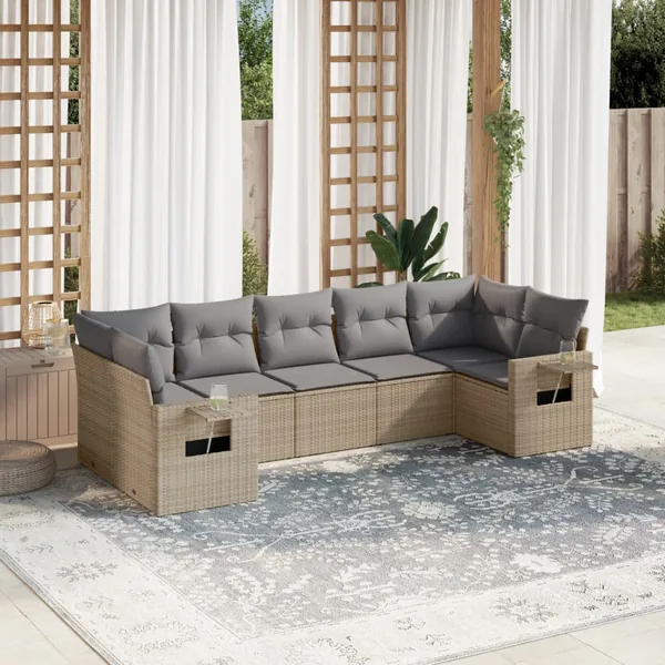 Salon de jardin avec coussins 7 pcs beige résine tressée
