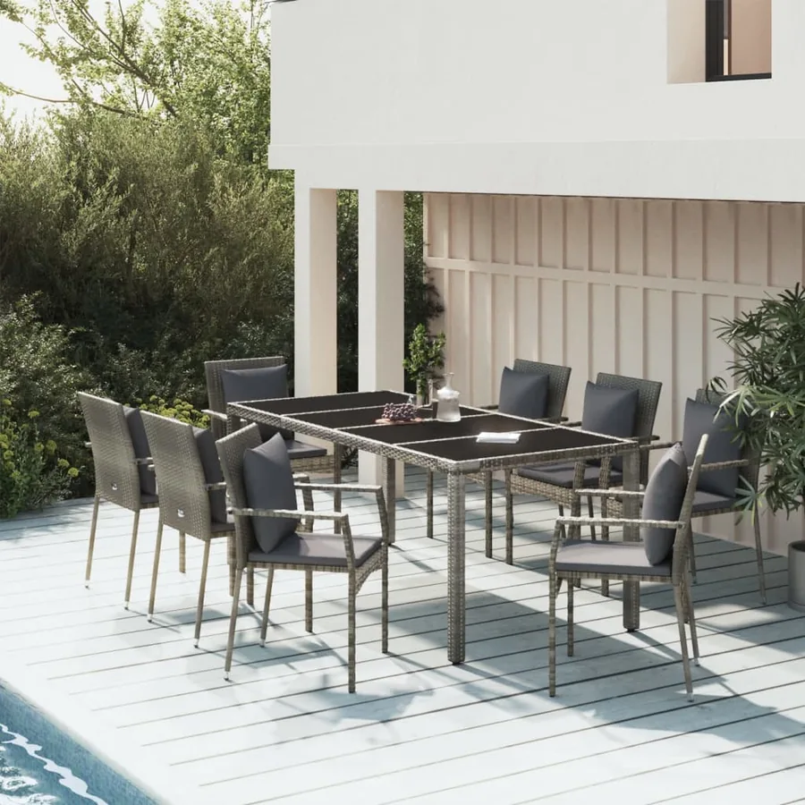 Ensemble à manger de jardin 9 pcs coussins gris résine tressée