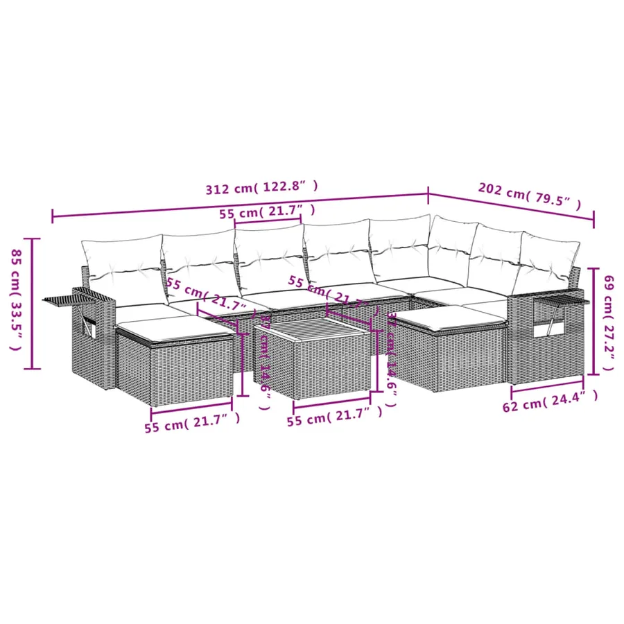 Salon de jardin avec coussins 10 pcs beige résine tressée - 9