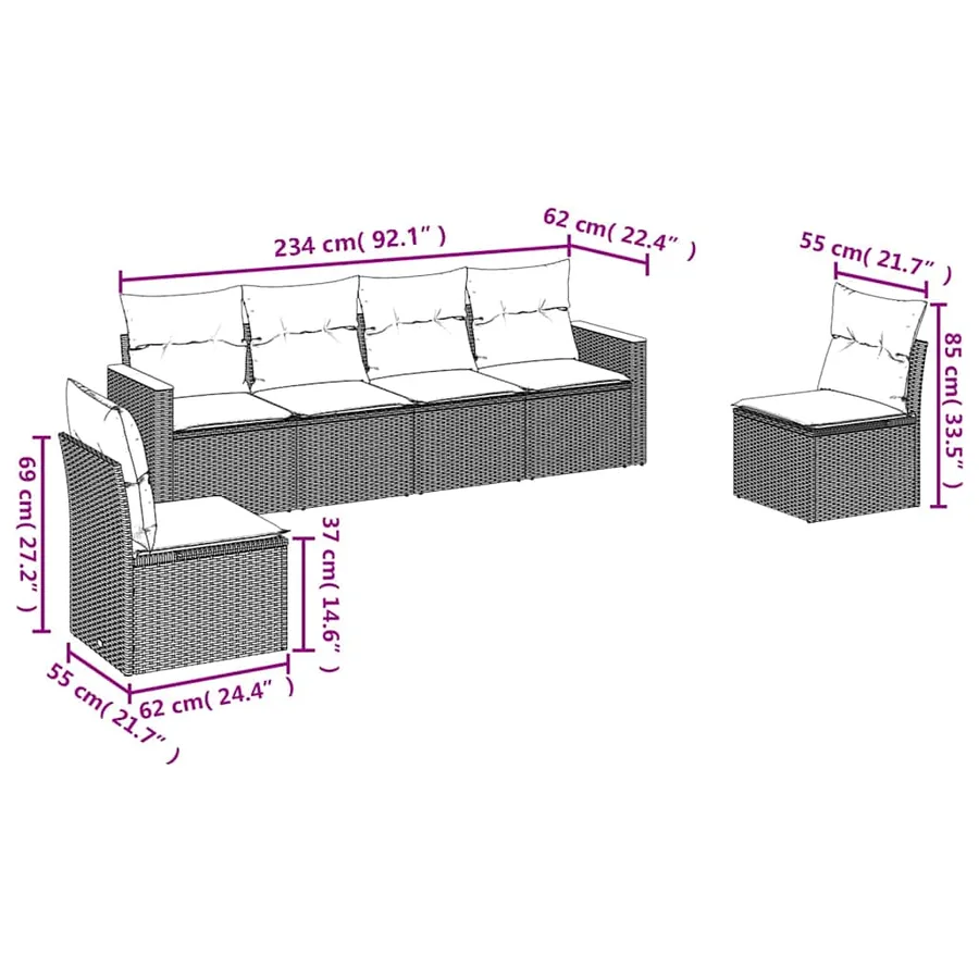 Salon de jardin 6 pcs avec coussins noir résine tressée - 3