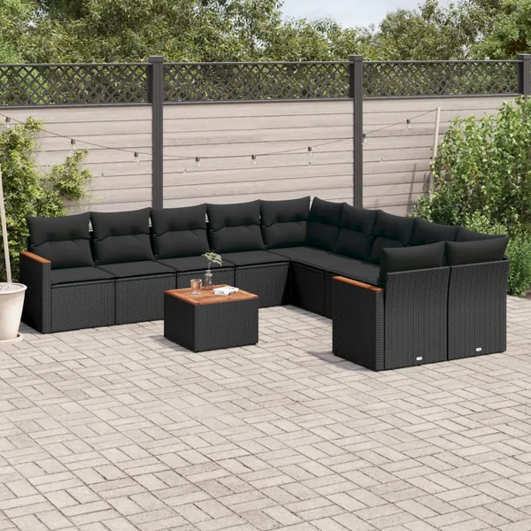 Salon de jardin 11 pcs avec coussins noir résine tressée