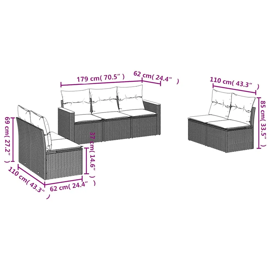 Salon de jardin 7 pcs avec coussins noir résine tressée 55 x 62 x 69 cm - 58,4 kg - 3