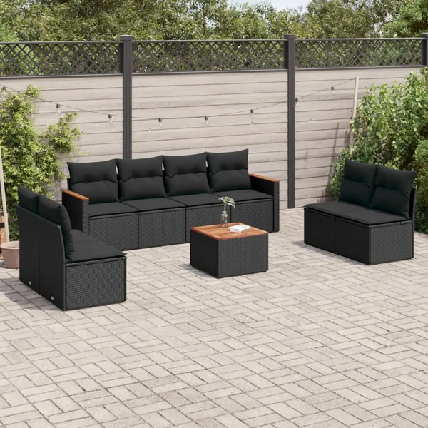 Salon de jardin 9 pcs avec coussins noir résine tressée