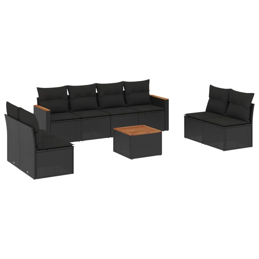 Salon de jardin 9 pcs avec coussins noir résine tressée - 2
