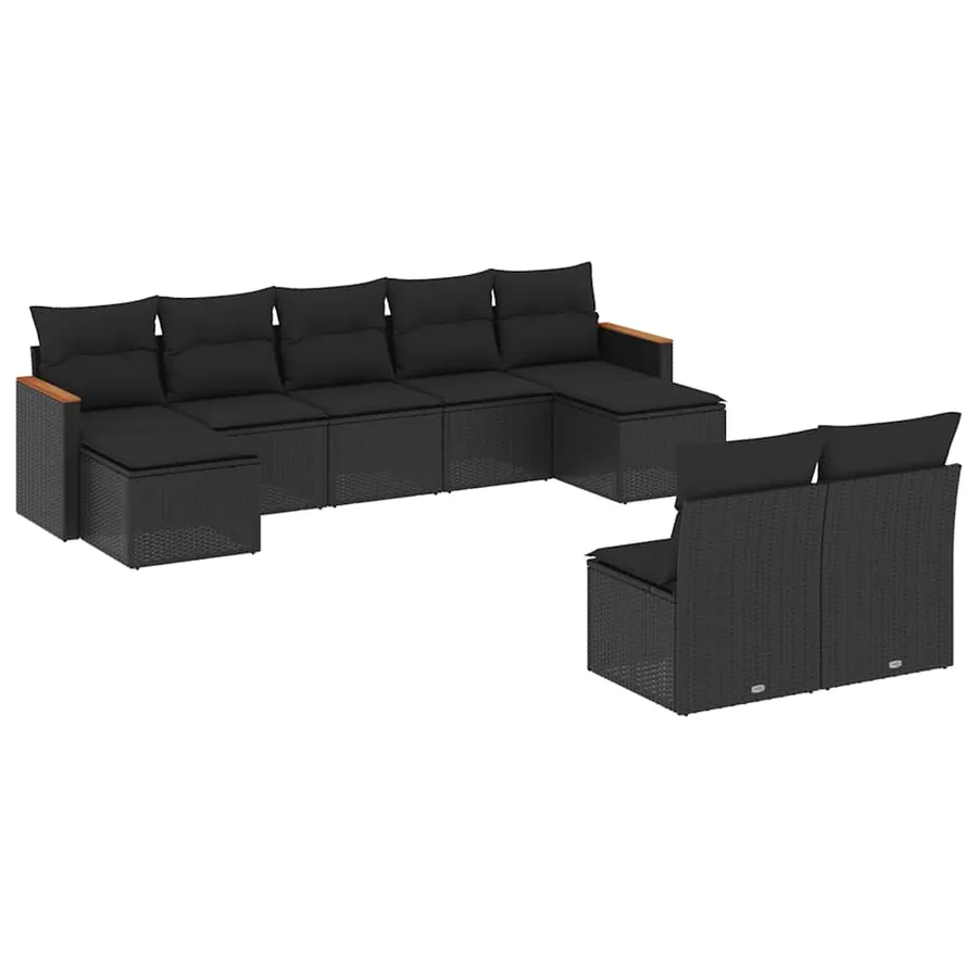 Salon de jardin 9 pcs avec coussins noir résine tressée - 2