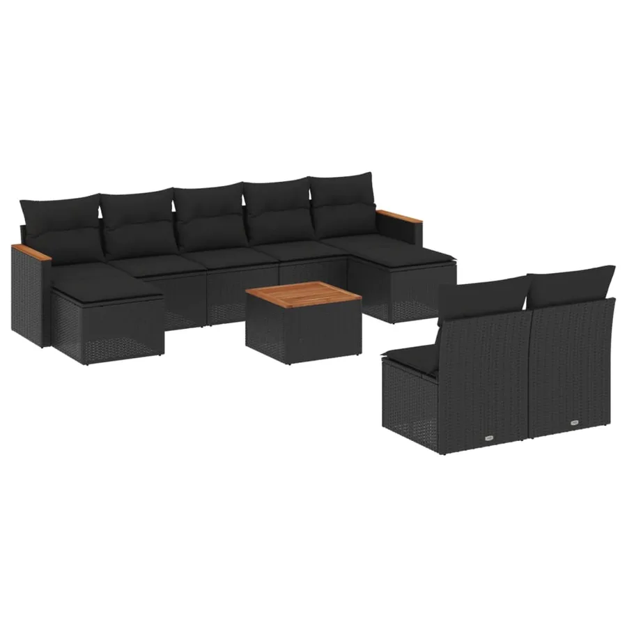 Salon de jardin 10 pcs avec coussins noir résine tressée - 2