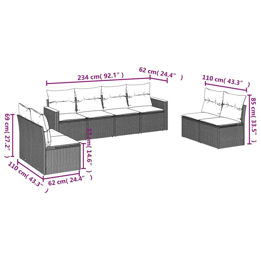 Salon de jardin 8 pcs avec coussins noir résine tressée - 3