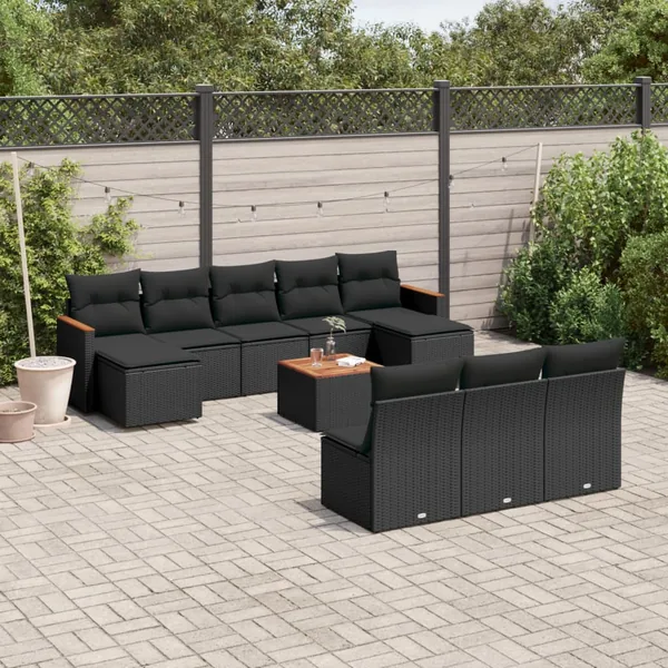 Salon de jardin 11 pcs avec coussins noir résine tressée