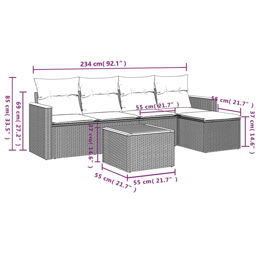 Salon de jardin 6 pcs avec coussins noir résine tressée - 3