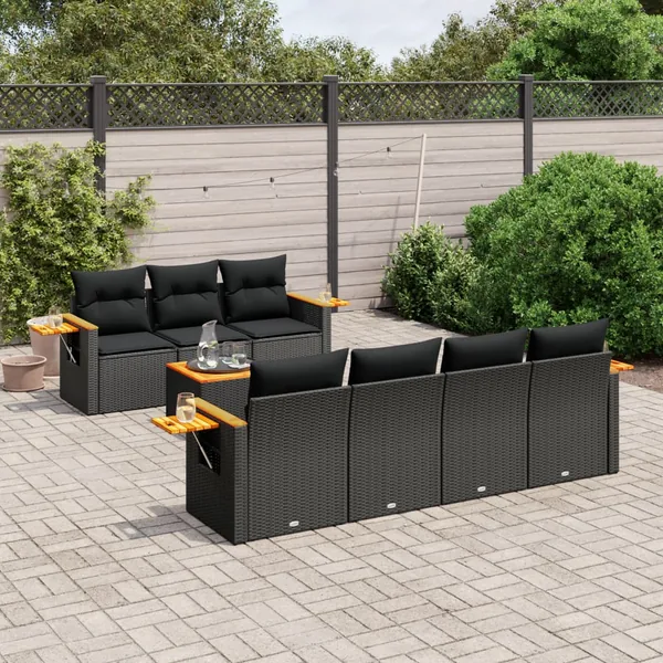 Salon de jardin 8 pcs avec coussins noir résine tressée