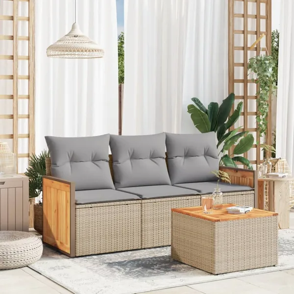 Salon de jardin avec coussins 4 pcs beige résine tressée