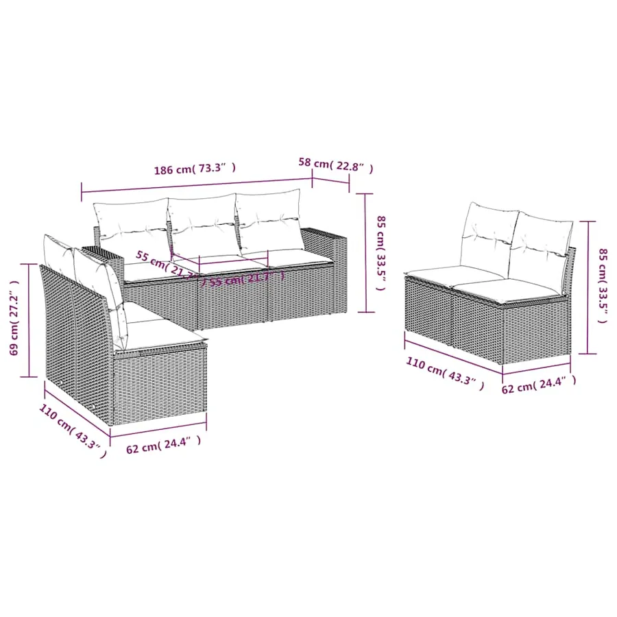 Salon de jardin 7 pcs avec coussins noir résine tressée 65,5 x 62 x 69 cm - 53,4 kg - 3