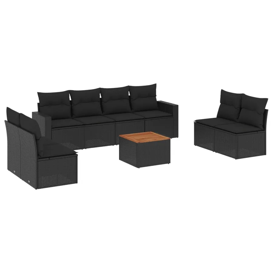 Salon de jardin 9 pcs avec coussins noir résine tressée - 2