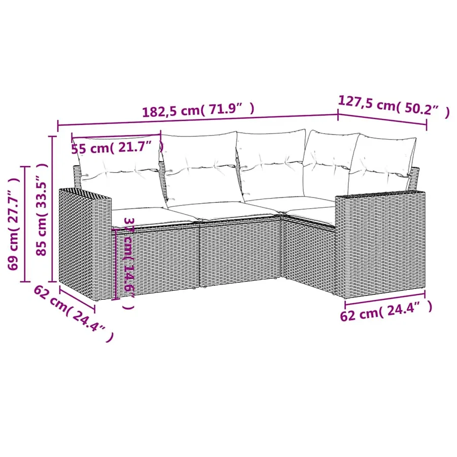 Salon de jardin 4 pcs avec coussins noir résine tressée - 7