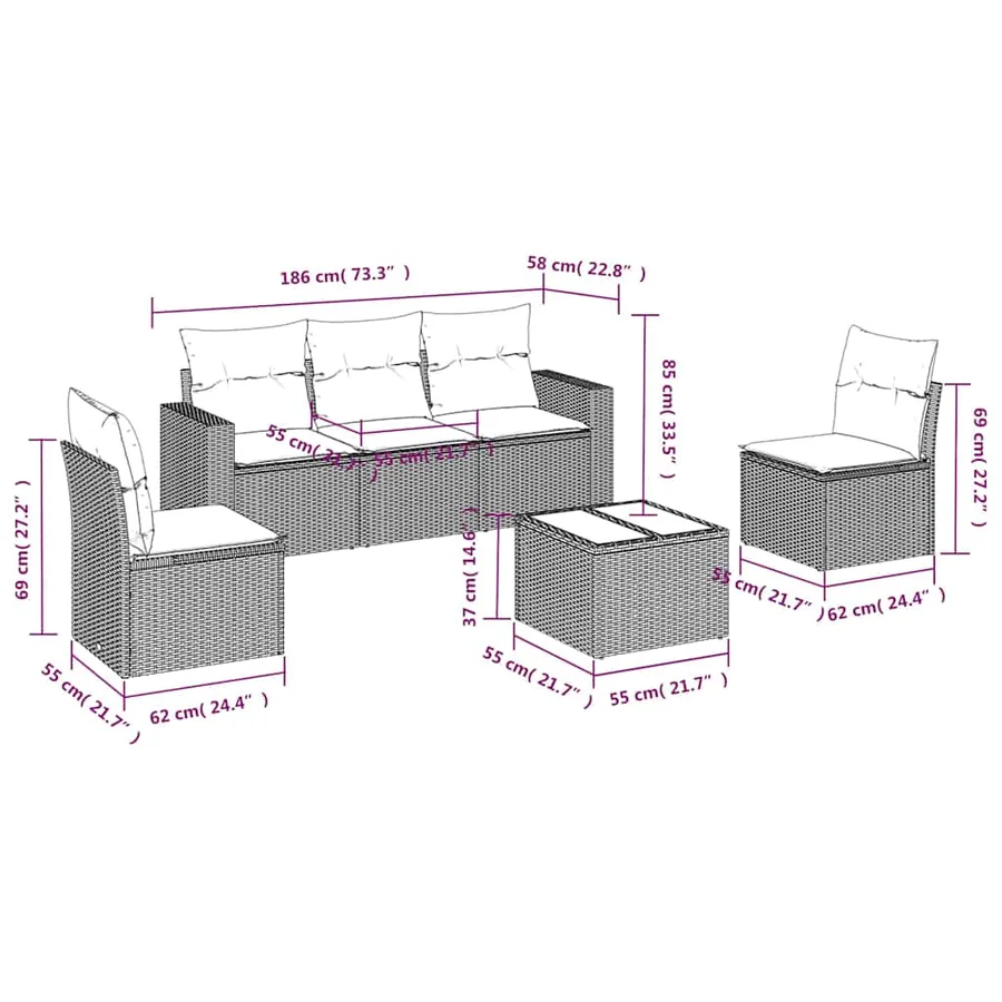 Salon de jardin 6 pcs avec coussins noir résine tressée - 3