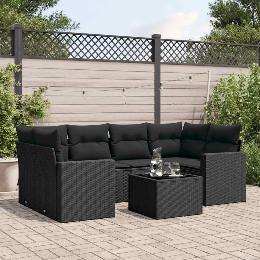 Salon de jardin 7 pcs avec coussins noir résine tressée 65,5 x 62 x 69 cm - 59,1 kg
