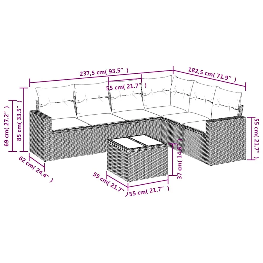 Salon de jardin 7 pcs avec coussins noir résine tressée 65,5 x 62 x 69 cm - 55,3 kg - 8