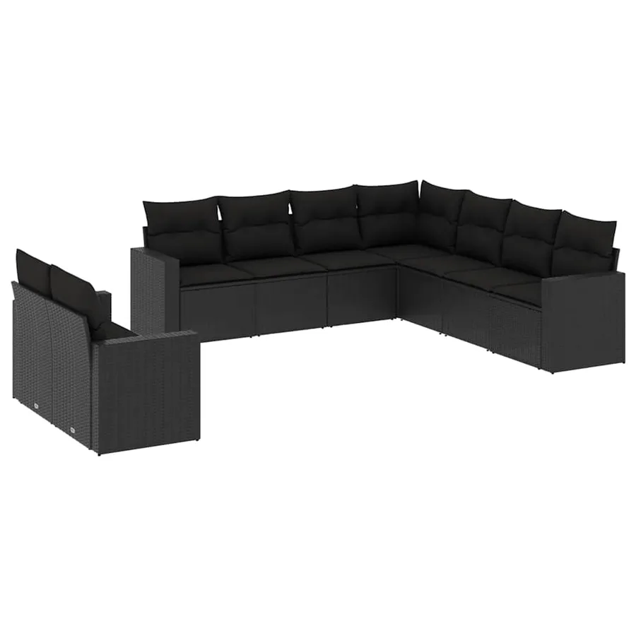 Salon de jardin 9 pcs avec coussins noir résine tressée - 2