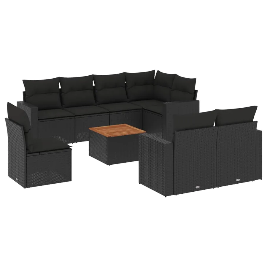 Salon de jardin 9 pcs avec coussins noir résine tressée - 2