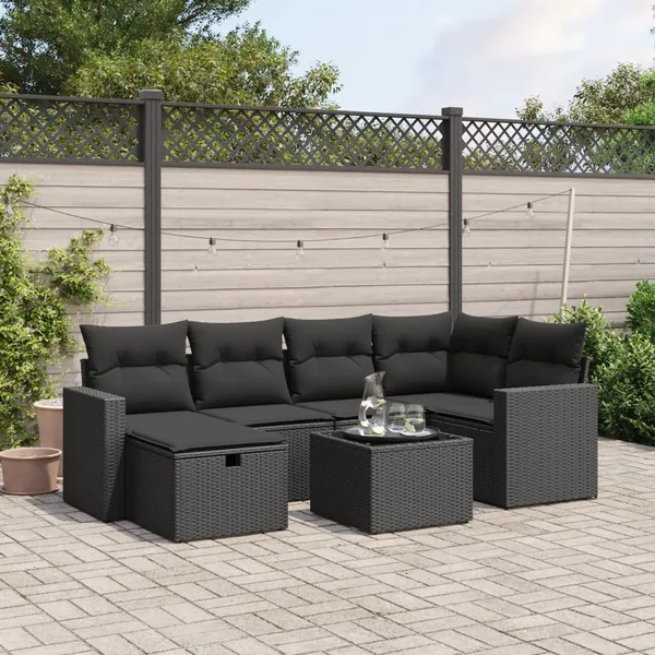 Salon de jardin 7 pcs avec coussins noir résine tressée 62 x 62 x 69 cm - 56,8 kg