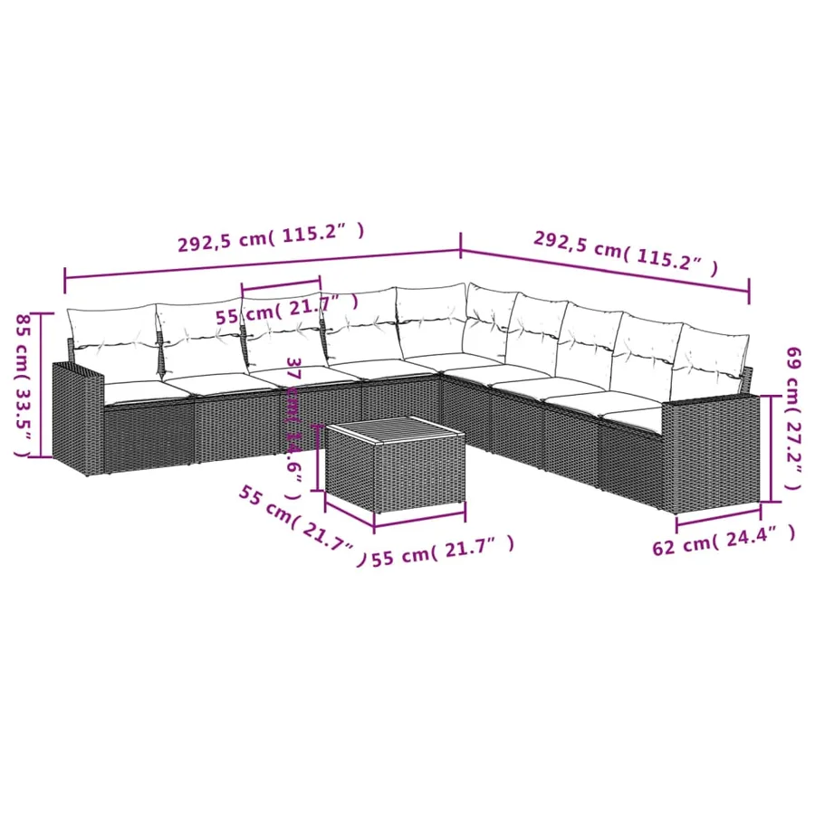 Salon de jardin 10 pcs avec coussins noir résine tressée - 3