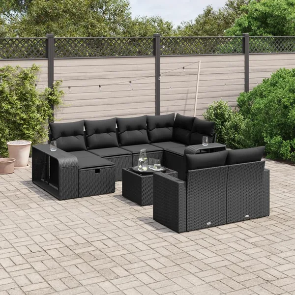 Salon de jardin 11 pcs avec coussins noir résine tressée