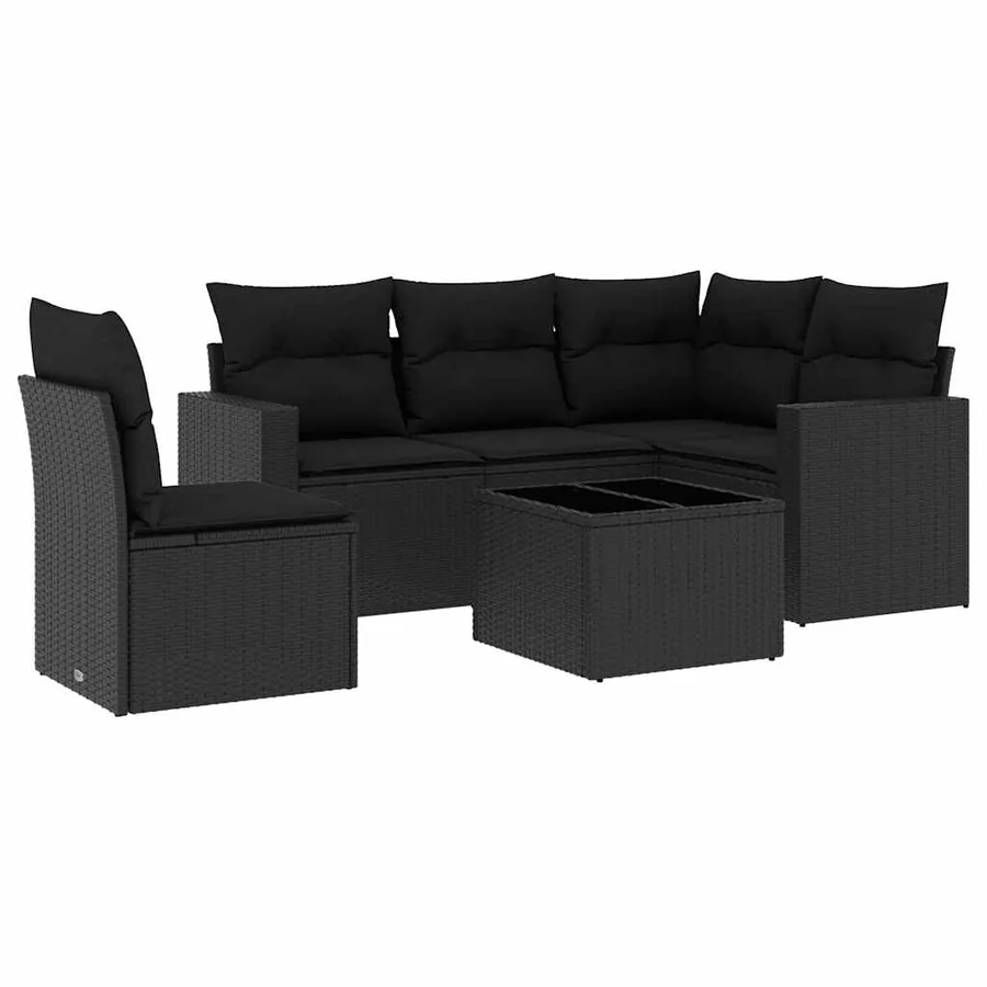 Salon de jardin 6 pcs avec coussins noir résine tressée - 2