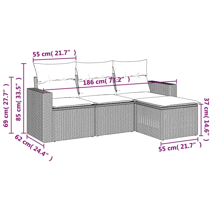 Salon de jardin 4 pcs avec coussins noir résine tressée - 7