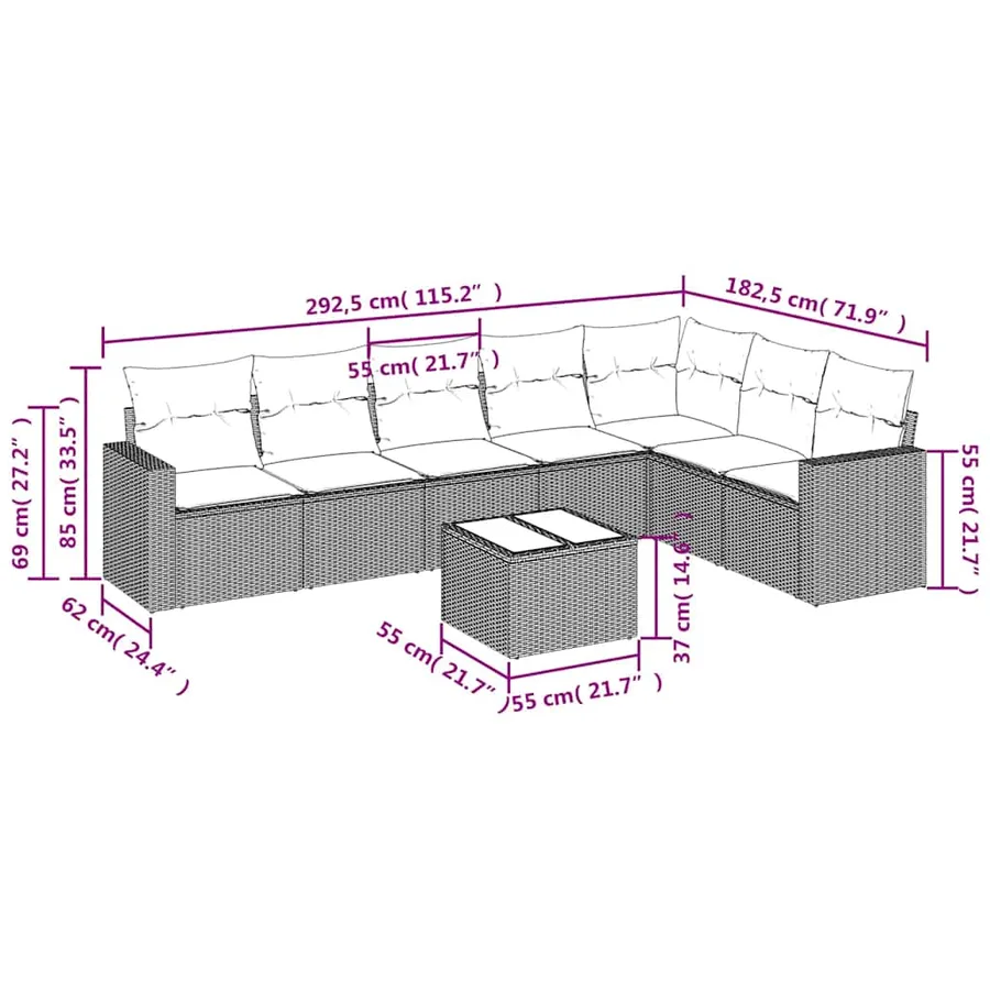 Salon de jardin 8 pcs avec coussins noir résine tressée - 3