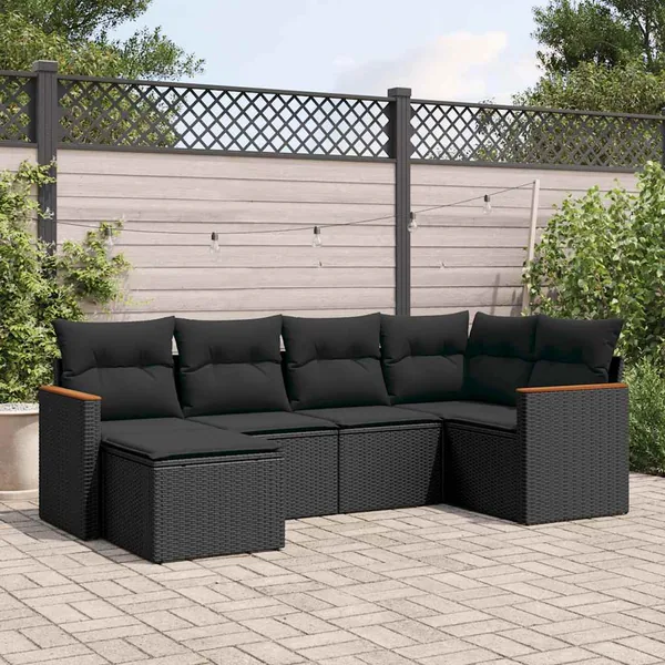 Salon de jardin 6 pcs avec coussins noir résine tressée