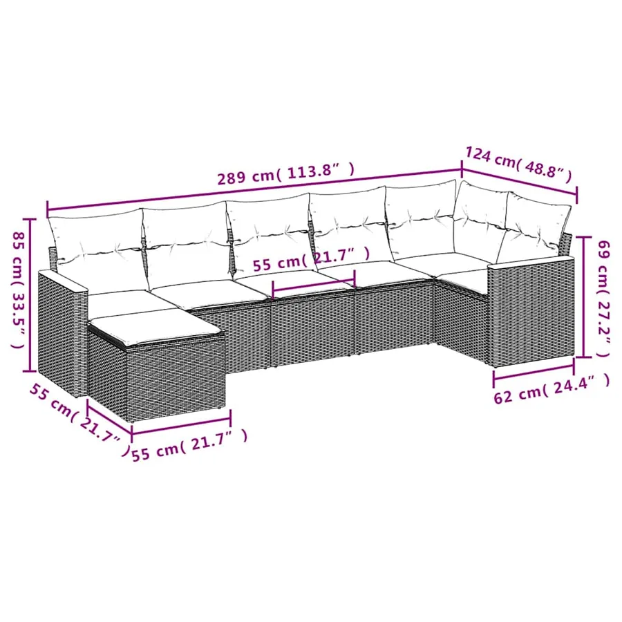 Salon de jardin 7 pcs avec coussins noir résine tressée 62 x 62 x 69 cm - 54,1 kg - 8