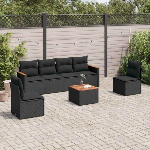 Salon de jardin 7 pcs avec coussins noir résine tressée 55 x 62 x 69 cm - 53,4 kg