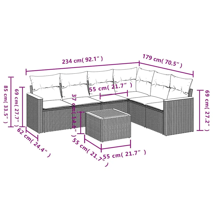 Salon de jardin 7 pcs avec coussins noir résine tressée 62 x 62 x 69 cm - 55,3 kg - 8