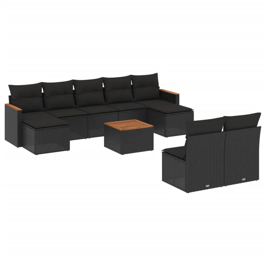 Salon de jardin 10 pcs avec coussins noir résine tressée - 2