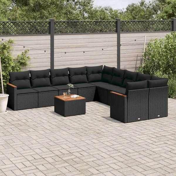 Salon de jardin 11 pcs avec coussins noir résine tressée