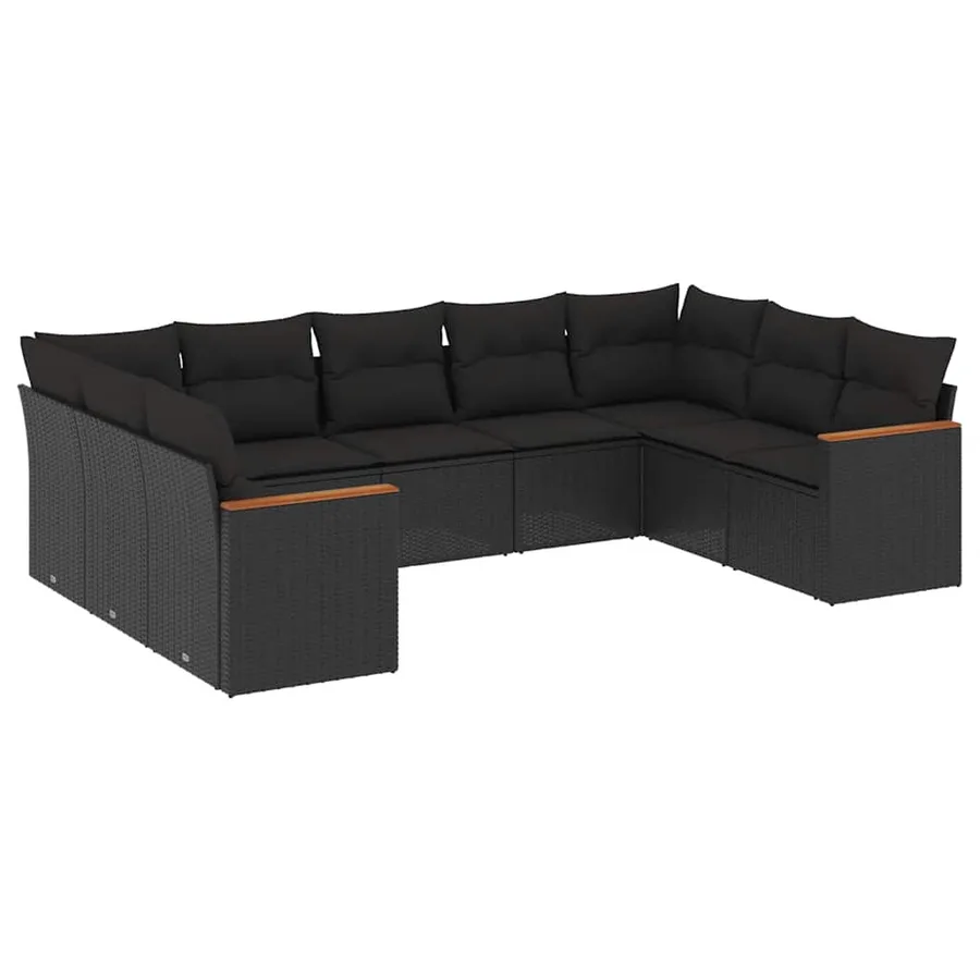 Salon de jardin 9 pcs avec coussins noir résine tressée - 2