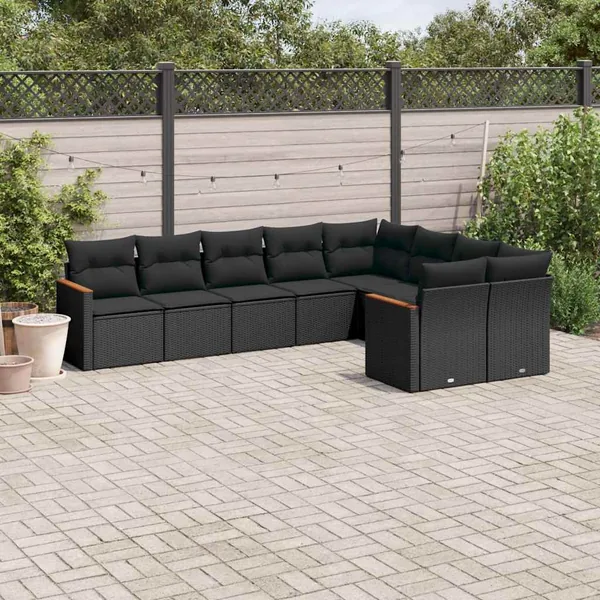 Salon de jardin 9 pcs avec coussins noir résine tressée