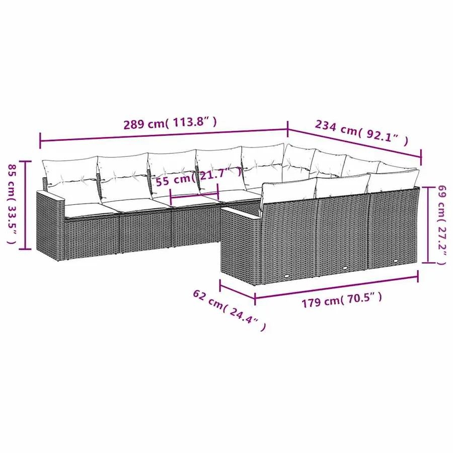 Salon de jardin 10 pcs avec coussins noir résine tressée - 7