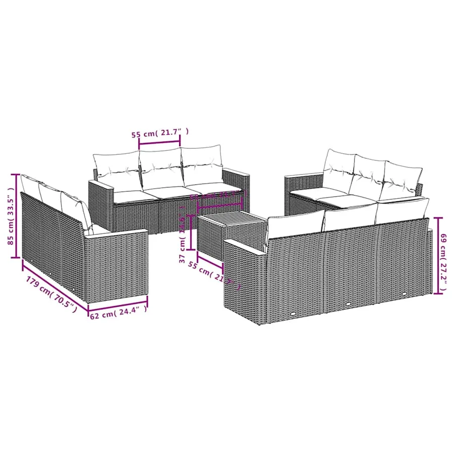 Salon de jardin avec coussins 13 pcs noir résine tressée - 3
