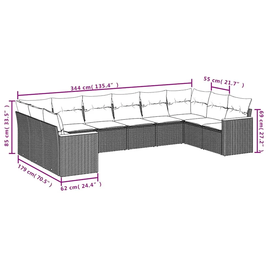 Salon de jardin 10 pcs avec coussins noir résine tressée - 7