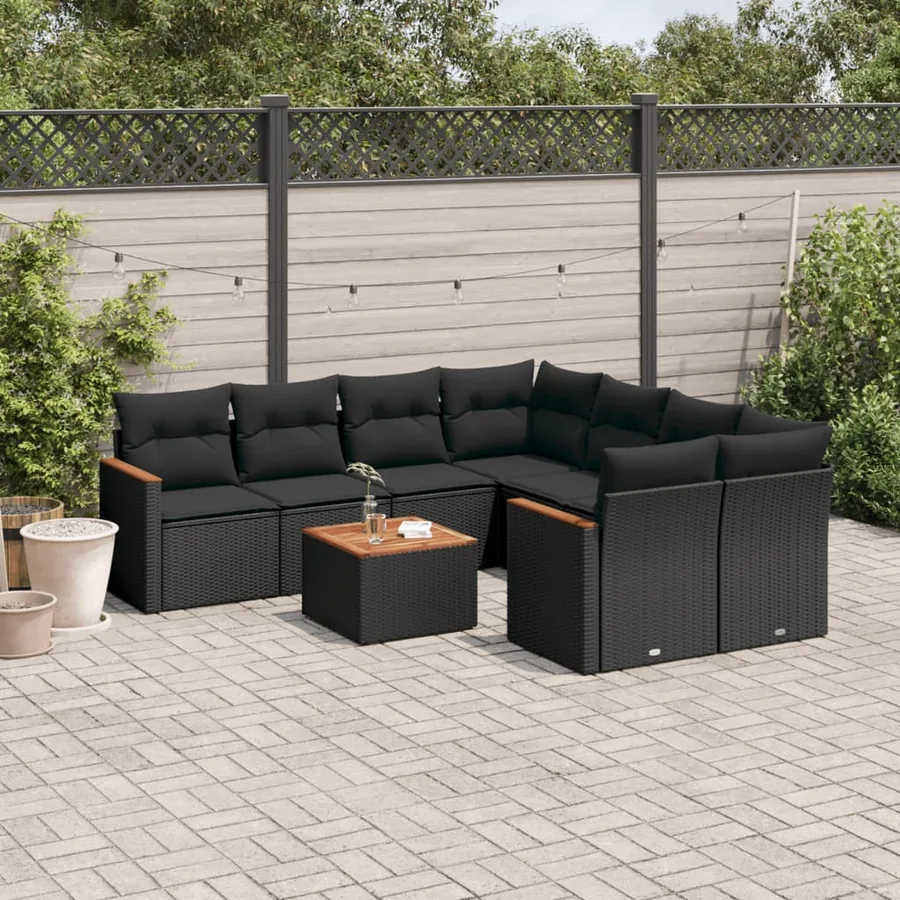 Salon de jardin 9 pcs avec coussins noir résine tressée